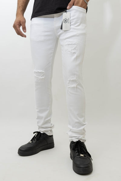 Men's Stretch SKINNY Denim DS-001 WHITE RIPS